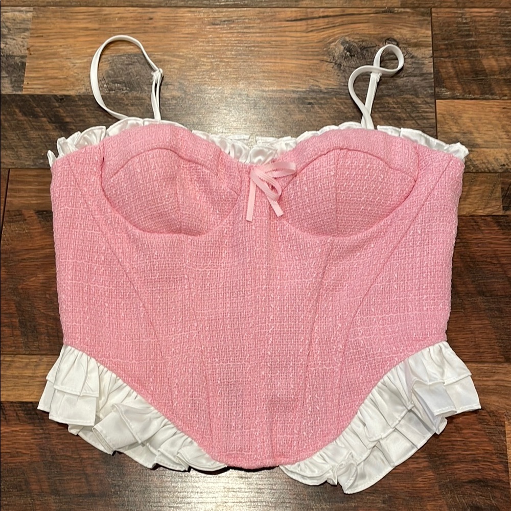 Pink Bustier Top with White Ruffle Trim